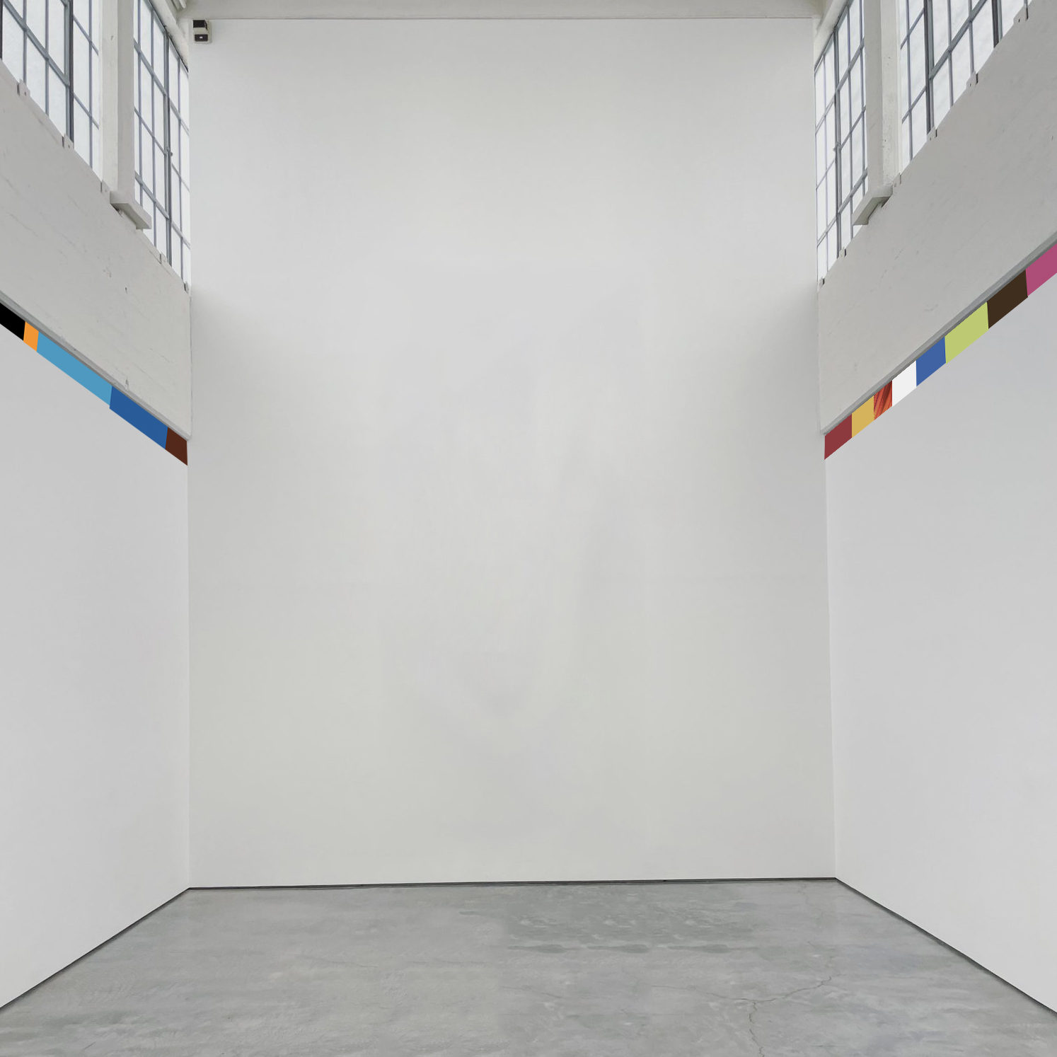 a sequence of brightly colored strips of vinyl of random color and length installed along the top of the wall on opposite walls of the large contemporary industrial art gallery by artist noah travis phillips